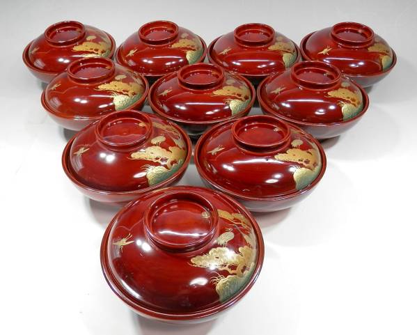 【うぶ蔵】輪島塗 松鶴図蒔絵 日出見返 木地椀 十客 収納箱入