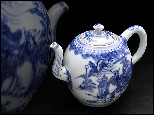 白磁／染付／蓋つき／壺／茶壺 NL936 民窯青花山水人物紋陶壺・染付茶壷・茶壺☆中国古玩煎茶具 工芸
