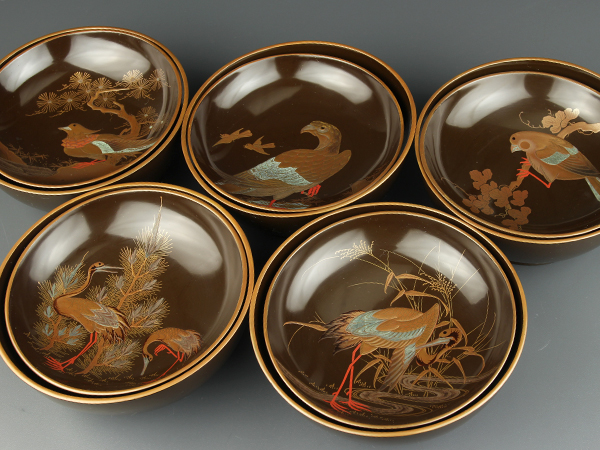 【琴》茶懐石道具 図替花鳥蒔絵大振椀五客 古美術 AN857