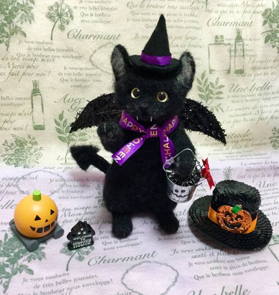ハンドメイド★羊毛フェルト　猫　ハロウィン　仮装 羊毛フェルト 猫 ＊ ハロウィン デビル 黒猫 仮装 ねこ ハロウィン