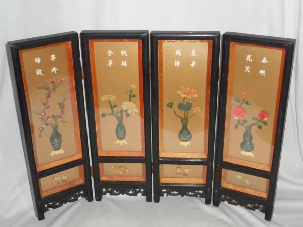 木製屏風□中国・四季花花器・四つ折・黒色□USED