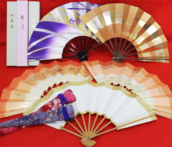 和929◆日本舞踊おどり用扇子5点と縮緬ケース2点セット