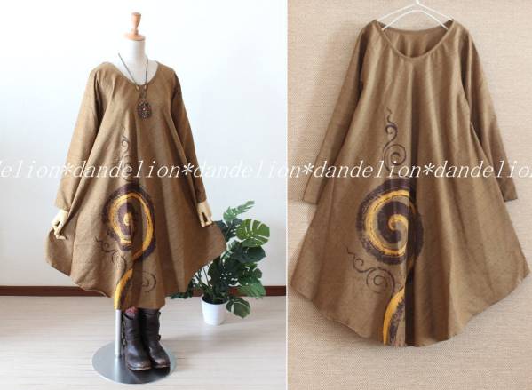 エスニック渦巻き柄デザイン＊Aラインワンピース＊ベージュｄ