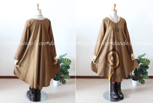 エスニック渦巻き柄デザイン＊Aラインワンピース＊ベージュｄ