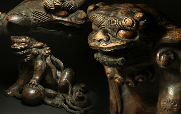 【侍】江戸時代 欅無垢一刀彫 木彫 獅子置物 床飾り検：神社仏閣