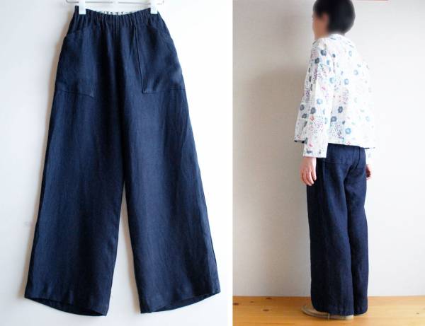 綿麻ツイード調/紺ネイビー/ワイドなパンツ:ゴム/М