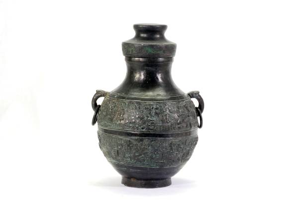 ○【古美術精華堂】春秋時代　青銅器龍鳳文環耳壷【本物】