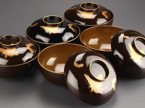 【流】茶懐石道具 輪島塗 吸物椀 五客 IL591。