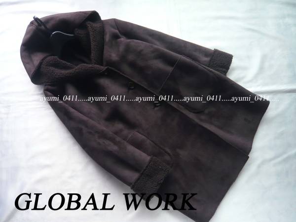 グローバルワーク/茶・フード付きフェイクムートンボアコートＭ