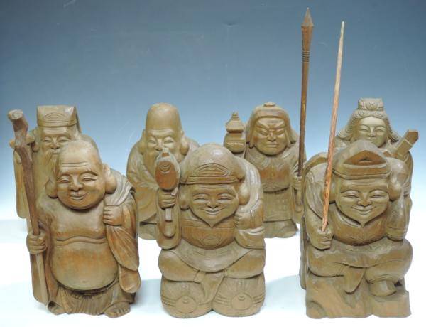 日本早期手作木雕七福神掛飾 和室 CEC0757 茶道 茶室 門簾 家飾 櫸木