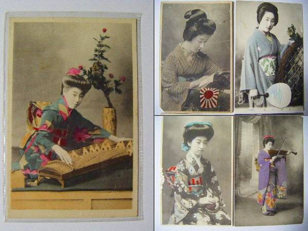 明治 大正 バイオリン『絵葉書 手彩色 美人 ５点』琴