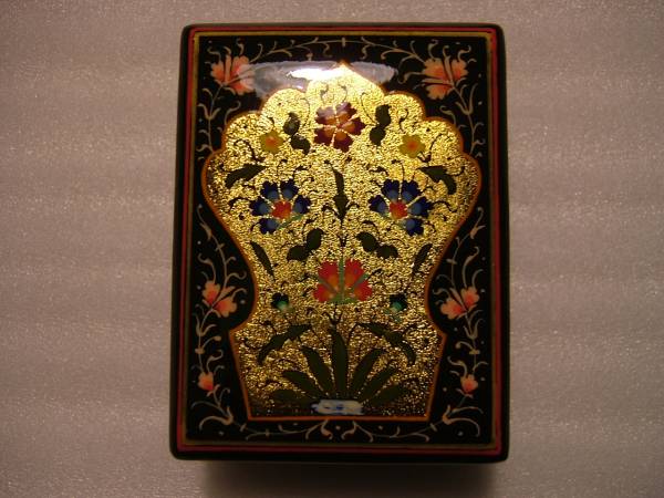 即決ウズベキスタン細密画木製小箱花ゴールドミフラーブ小物入れ