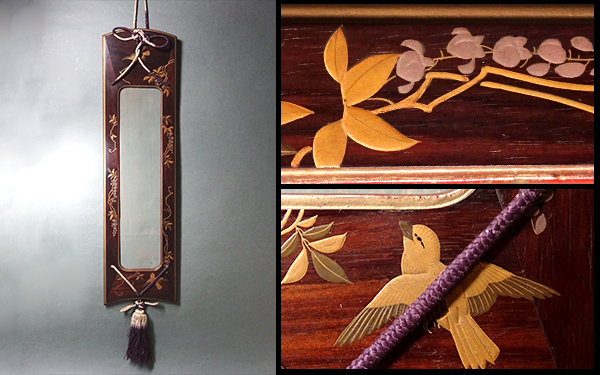 慶應◆江戸時代 木地花鳥蒔絵短冊額 裏梨子地