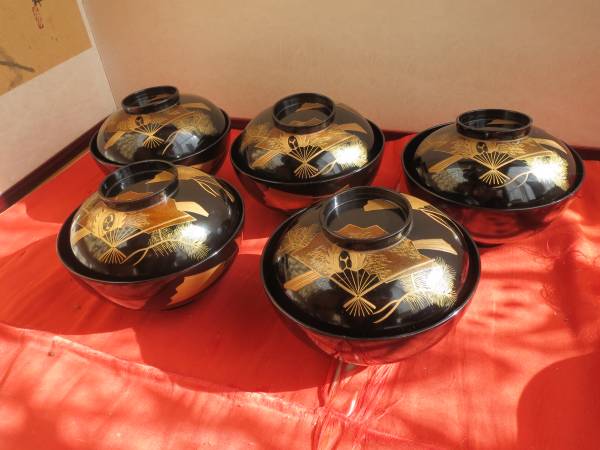 蒔絵扇の絵　お椀5客セット　素敵な味わい　オススメ美品