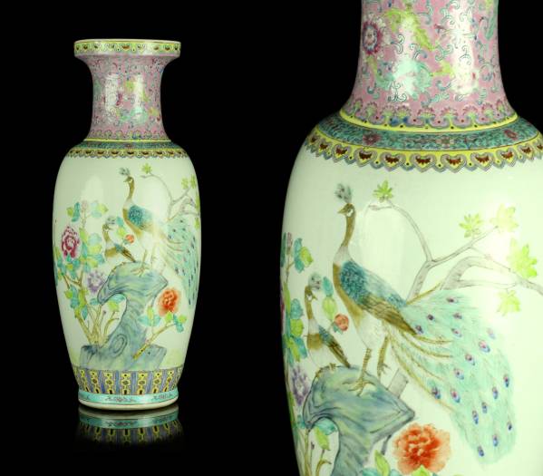 櫻】中国美術 景徳鎮 粉彩孔雀図花瓶 特大62㎝ 時代古玩. 櫻】中国美術 景徳鎮 粉彩孔雀図花瓶 特大62㎝ 時代古玩.