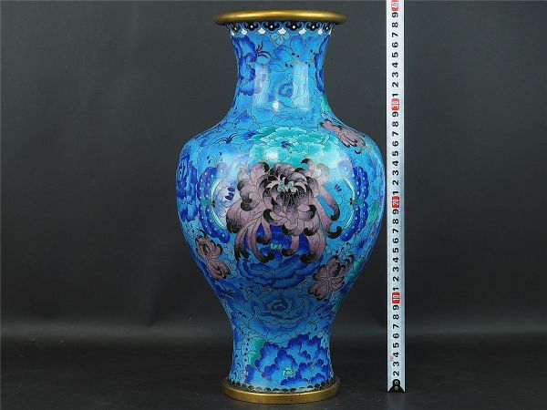 中国古玩 銅製七宝 花図大花瓶 高さ約39cm アンティーク、コレクション