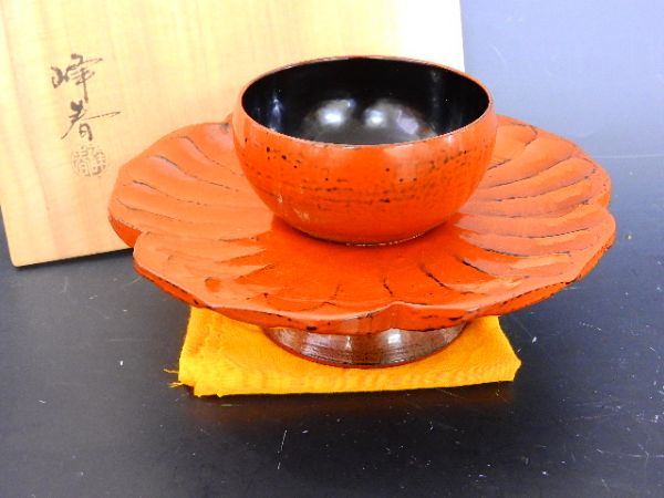 1353/☆根来塗天目台 川上峰春 共箱 天目茶碗 茶道具