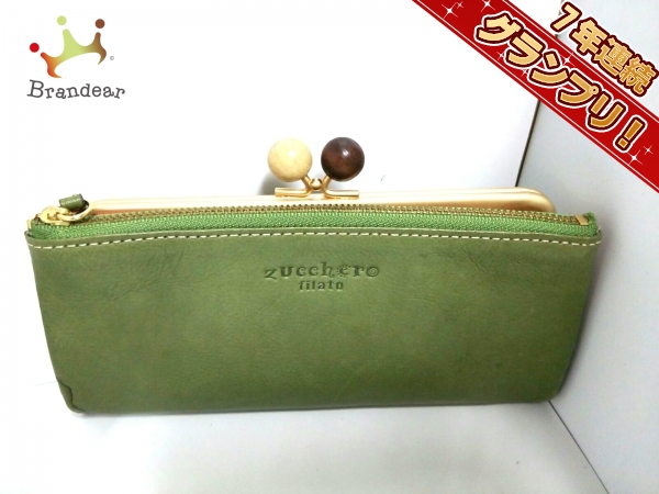 ズッケロ 長財布 美品 グリーン がま口 レザー×ウッド zucchero