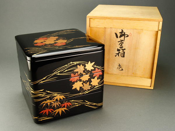 美術品・アンティーク・コレクション 茶道具 輪島塗 三段重 朱塗 共箱