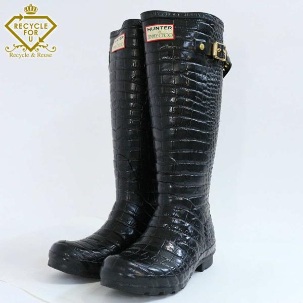 JIMMY CHOO HUNTER レインブーツ ブラック 豹柄 ハンター/HUNTERジミーチュウ/JIMMY CHOO コラボ クロコ型押し レイン