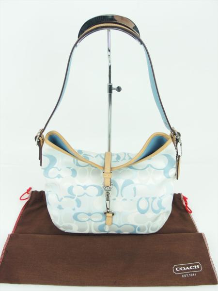 □1円スタート！！　COACH　コーチ　シグネチャー　ハンドバッグ　ワンショルダーバッグ　7028　ブルー系　キャンバス×レザー　保存袋付