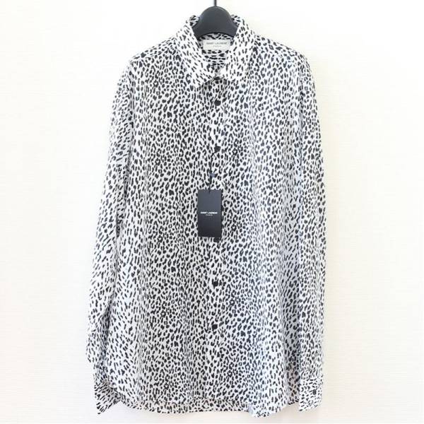サンローランパリ SAINT LAURENT PARIS【ベイビーキャット 総柄長袖シャツ】340855 ホワイト×ブラック 41 メンズ 未使用【おお蔵】◆