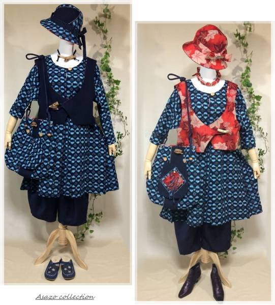 [朝蔵]藍絣のお出掛けフルセット：ワンピース＆ジレ＆帽子バッグ:型染