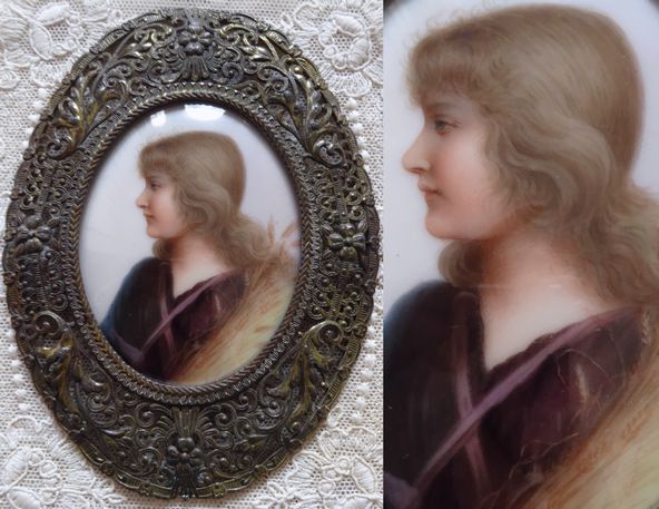 ◆19世紀◆ドイツ手描き陶板画麦を刈る娘“ルース”