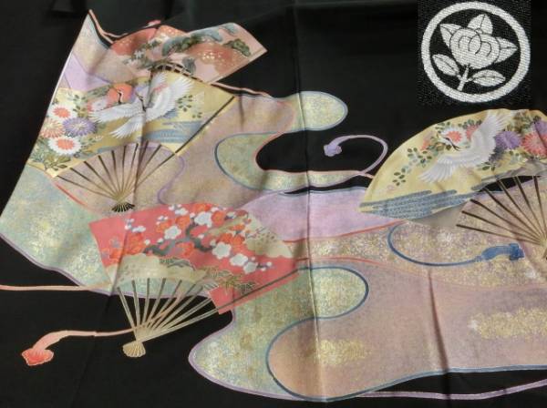380 正絹 黒留袖 鶴刺繍 金箔扇流水文様 丸に橘 五つ紋入 比翼仕立