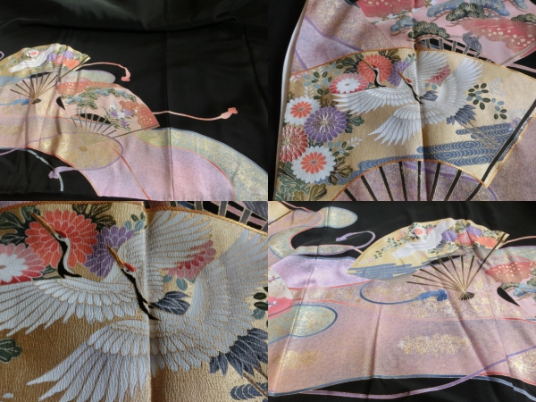 380 正絹 黒留袖 鶴刺繍 金箔扇流水文様 丸に橘 五つ紋入 比翼仕立