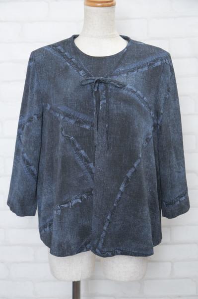 美品 ヒトシタムラ/詩仙堂 ちりめん織りデニム風フリル柄アンサンブル 
