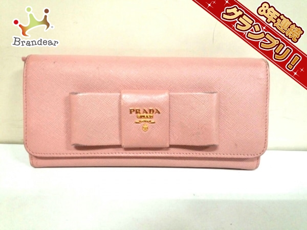 PRADA プラダ サフィアーノレザー 二つ折り長財布 リボン ピンク ①