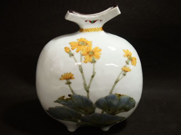 404/☆山田義明 花瓶 色絵扁壷 花図 花器 花入 華道具 茶道具 Sybilla