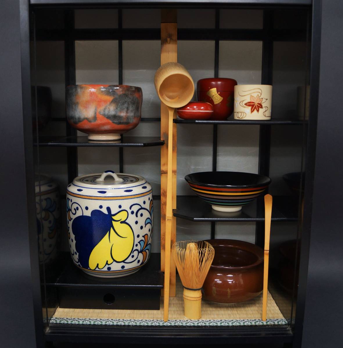 閑寂堂】旧家蔵出時代 茶道具10点セット い茶棚 茶箱 飾り棚 黒塗り