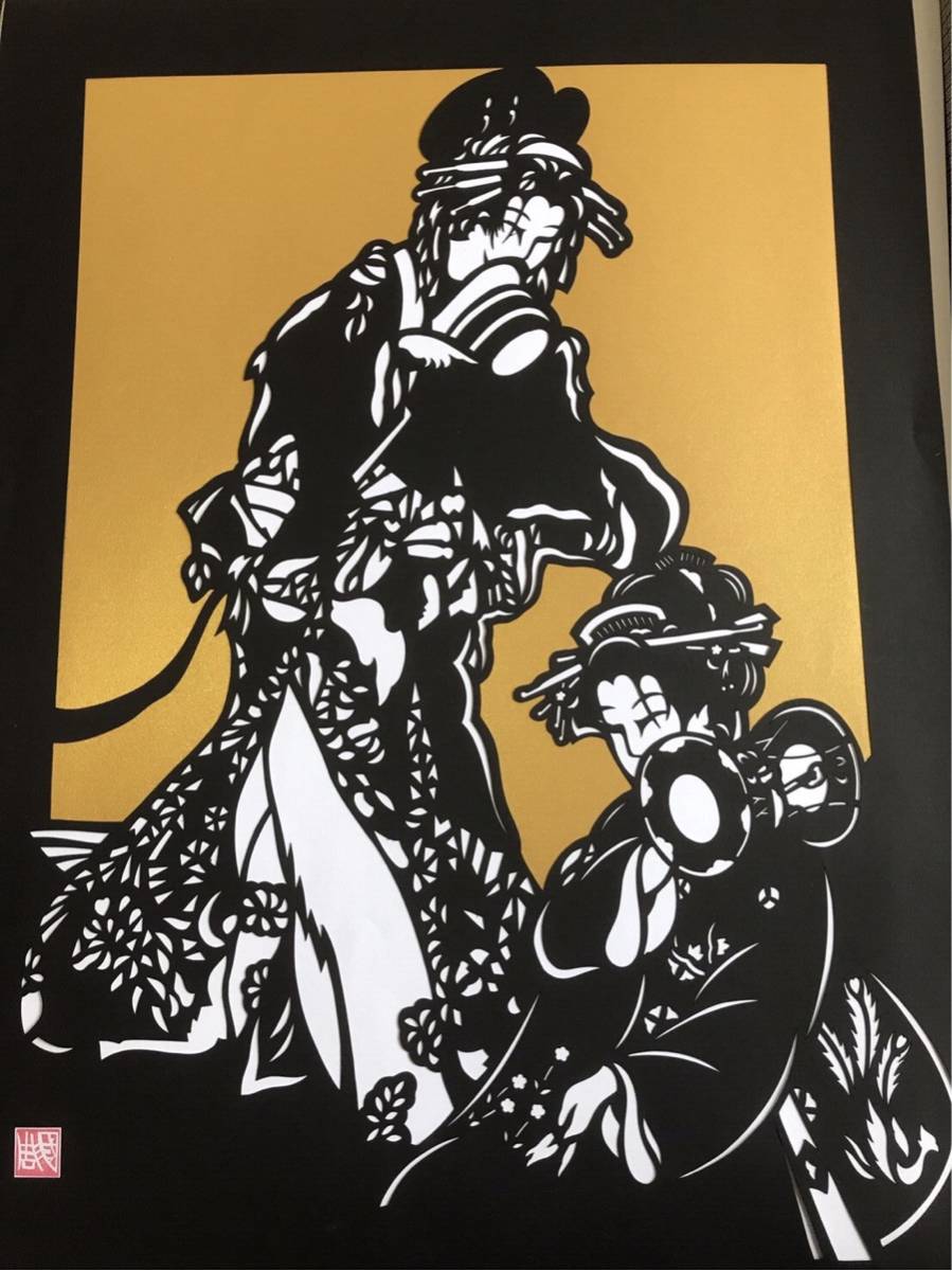 浮世絵 切り 絵 切り絵 浮世絵 美人画 H 1m55cm W 70cm 額縁寸法