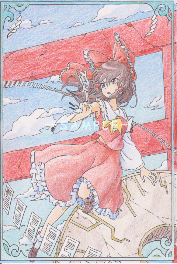 手描きイラスト】 東方 博麗霊夢 色鉛筆 はがきサイズ(手描きイラスト