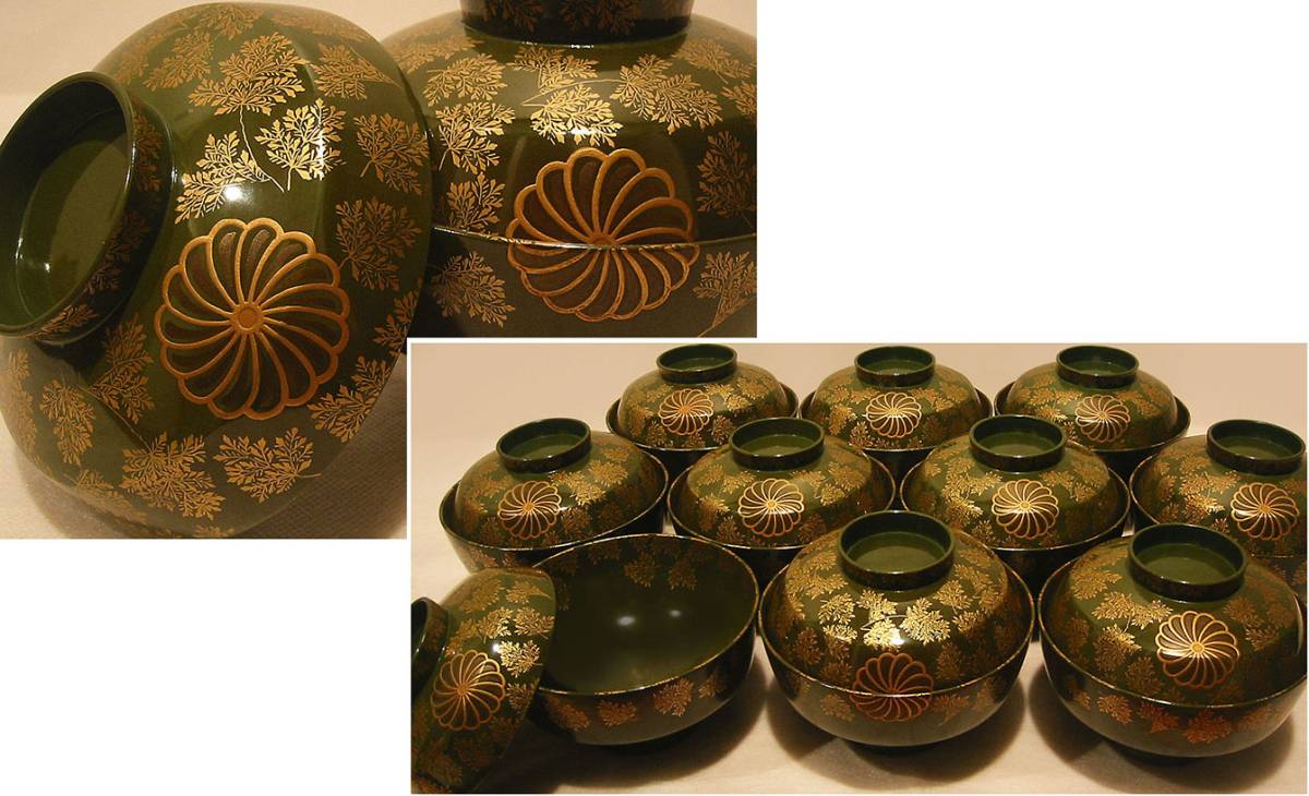 輪島塗 吸物椀 - 共箱 在銘 骨董 漆器 10客 蒔絵金彩細工 沈金菊
