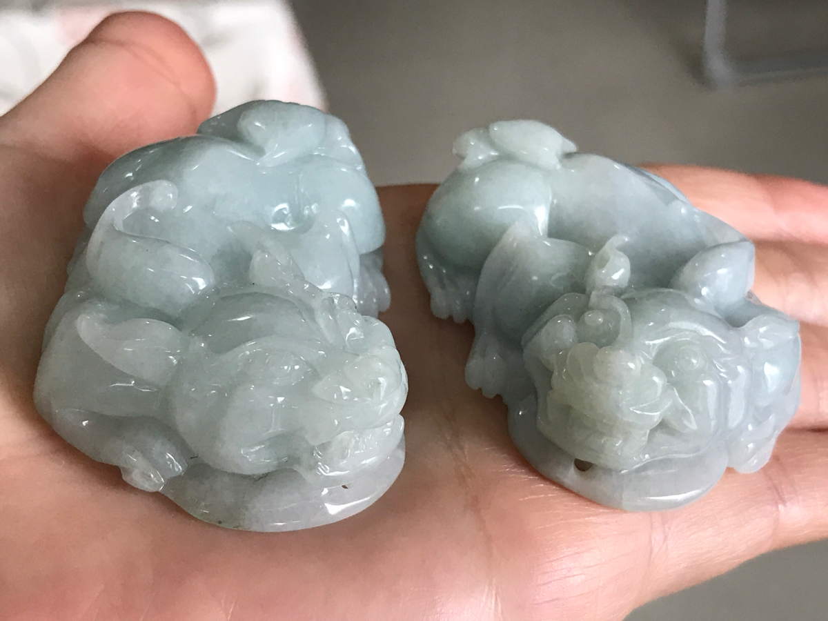 本翡翠 守財貔貅ペアー 彫刻 置物 A貨未処理