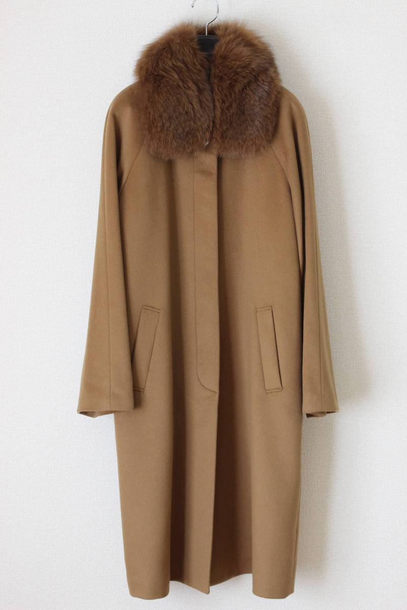 【極美品】カシミヤ100％ コート ステンカラー コート 11 ファー付き tqe 94 レディース キャメル ベージュ 未使用に近い