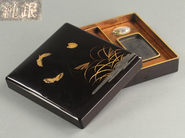 硯箱 菊形 MA2 江戸明治 菊金銀蒔絵 総梨地 木製 木箱入 銀製