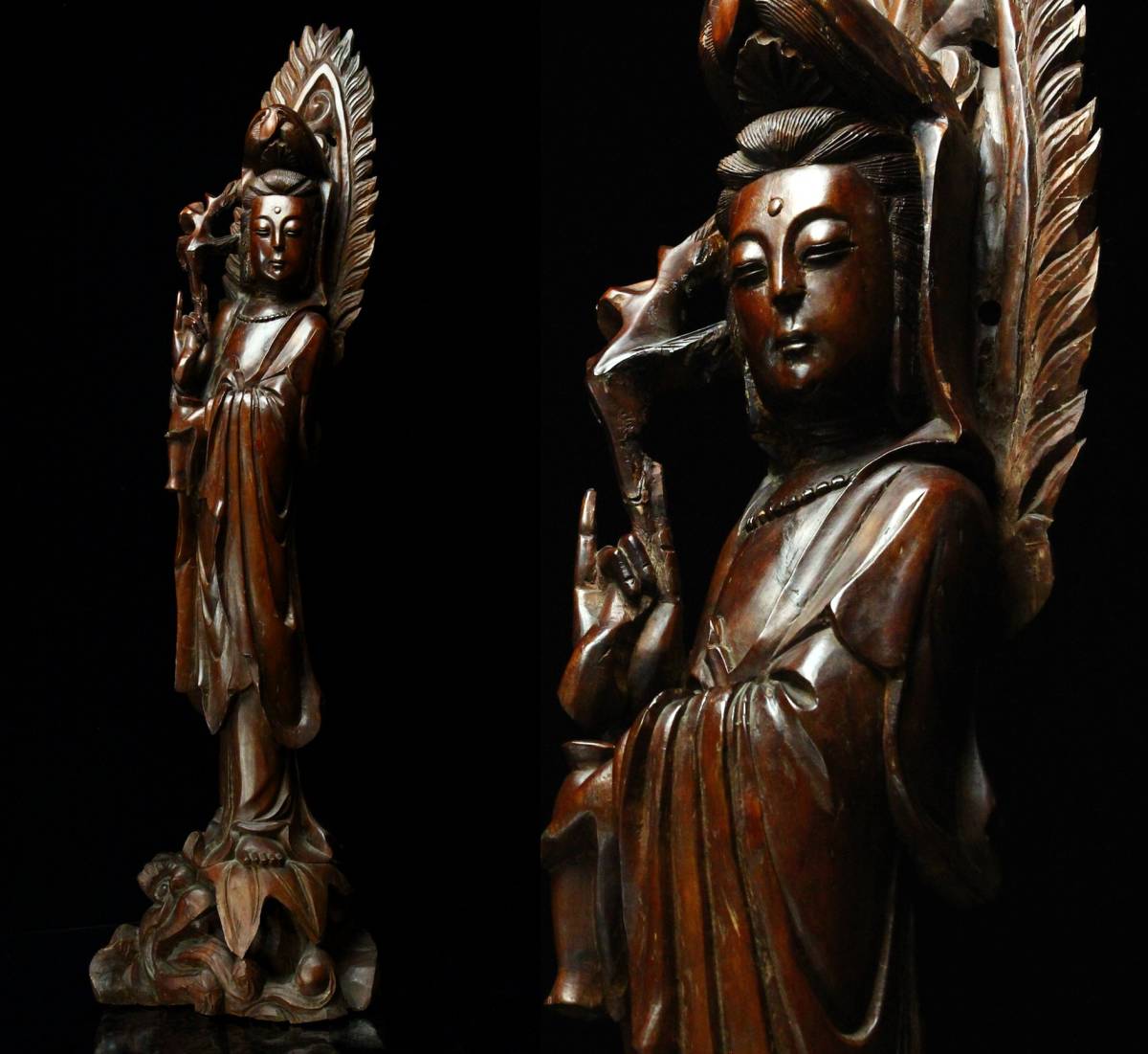 【櫻】仏教美術 木彫 唐木 観音菩薩像 特大95cm 時代古玩 .y