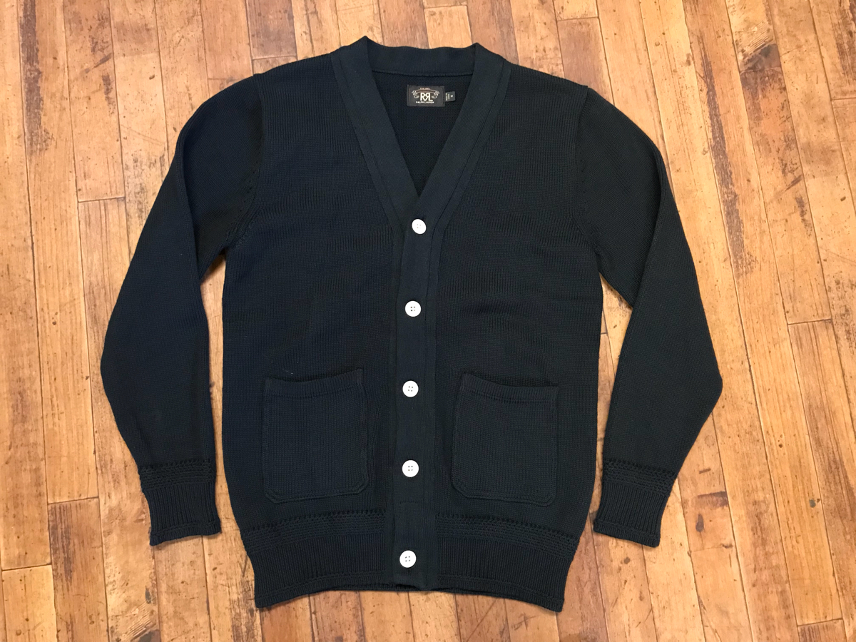 美品 RRL ヘヴィニット カーディガン 紺 ラルフローレン RUGBY / ハンドニット ネイティブ レザー デニム