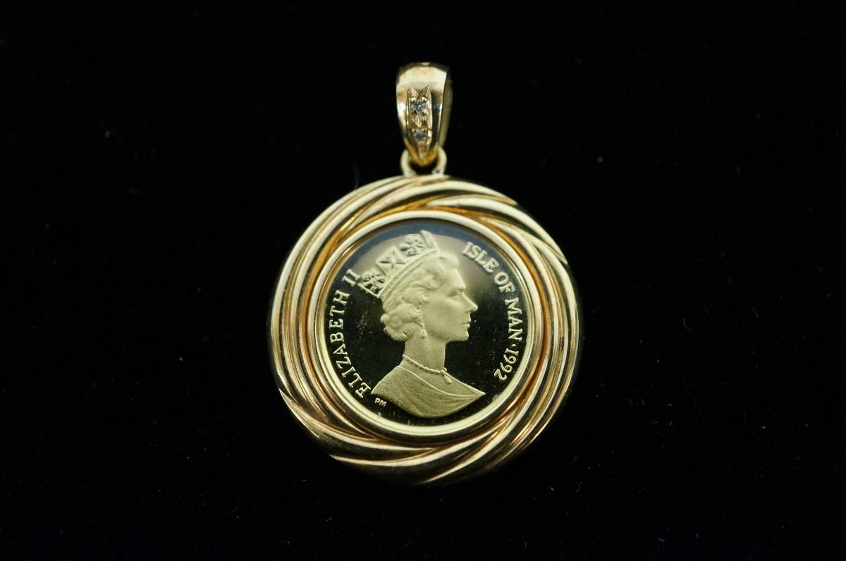 ◆K24 マン島 キャットコイン 10/1oz ペンダントヘッド K18YG 枠 両面ガラス 総重量8.21ｇ