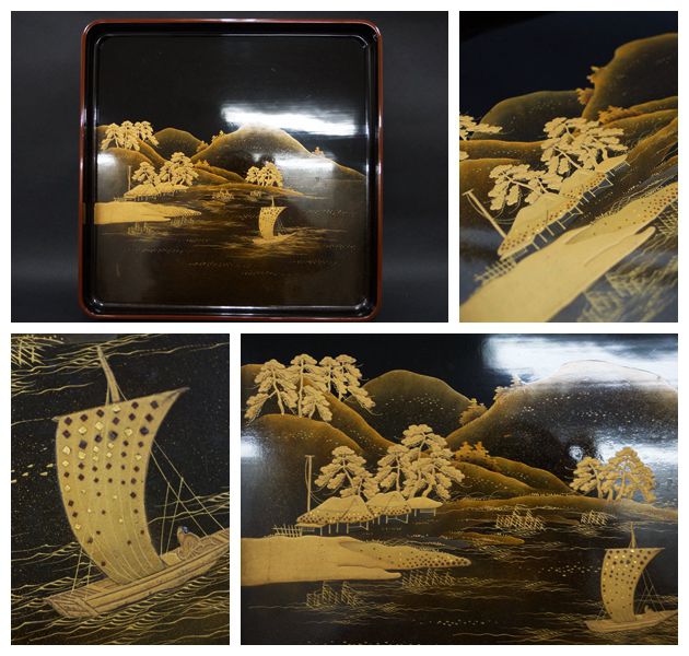 未使用品】 平安像彦の八角盆 2枚セット 松蒔絵 黒 朱 漆器 Yahoo