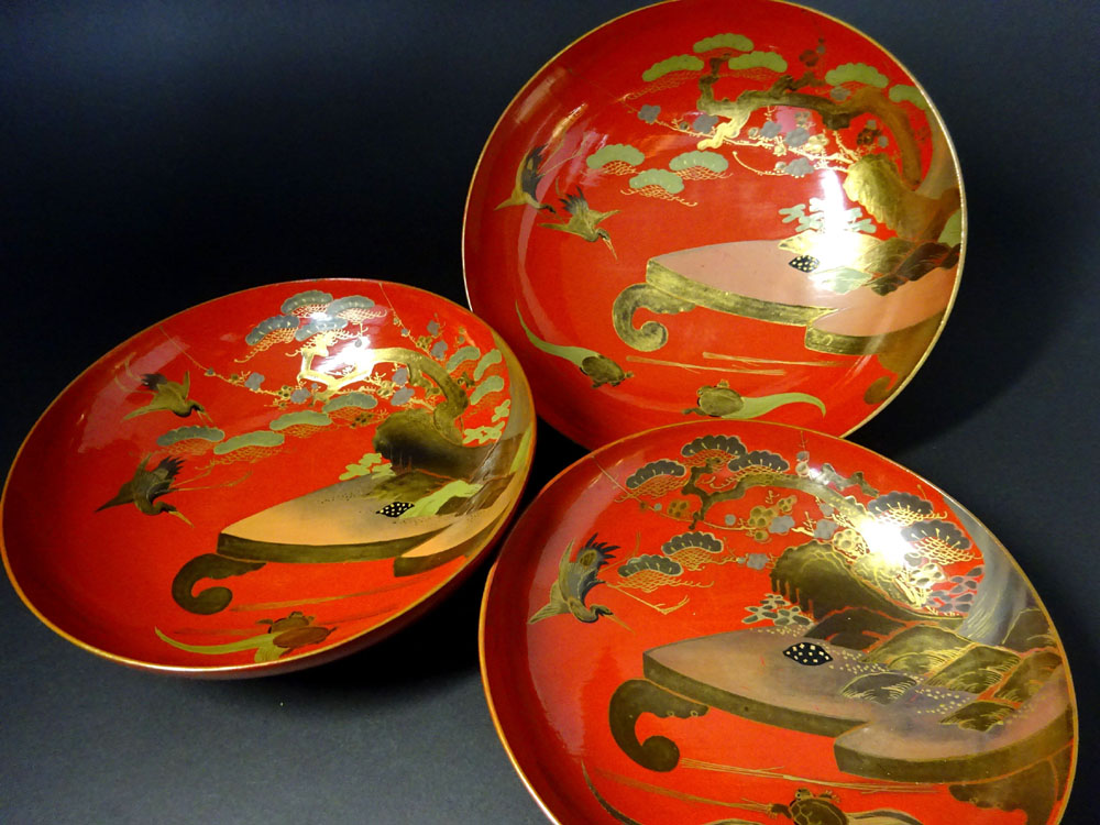 侍】 江戸時代 蒔絵 松竹梅に鶴亀図 蒔絵盃 三重盃 酒盃 Y771 三重盃