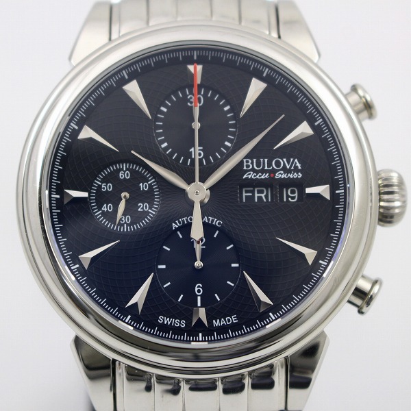 BULOVA ブローバ アキュスイス ジェミニ クロノグラフ メンズ 自動巻 黒文字盤 SSベルト 63C113【いおき質店】