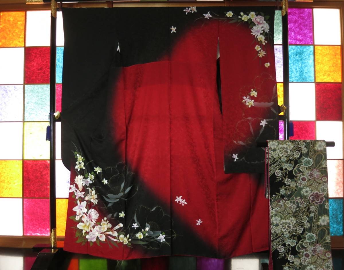 【振袖　袋帯セット　美品　はればれ加工　深緋 身丈159cm　裄65cm 】YN98