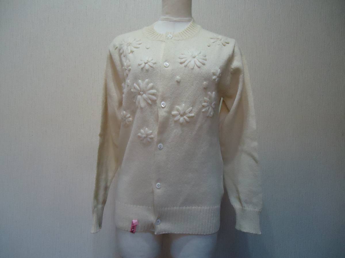 コム デ ギャルソン＊花デザイン*丸首*白*長袖カーデ*毛*ウール*冬