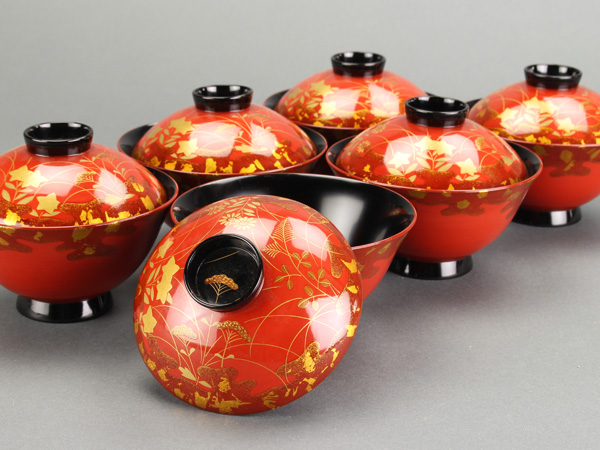 【琴》茶懐石道具 秋草蒔絵朱塗吸物椀六客 箱付 BP192