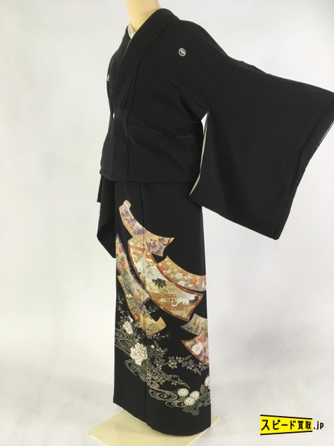 スピ買■着物 1円 名品 黒留袖 黒 短冊 梅 松 葡萄 観世水 金彩 五つ紋 正絹 袷 165cm Lサイズ ☆☆☆☆